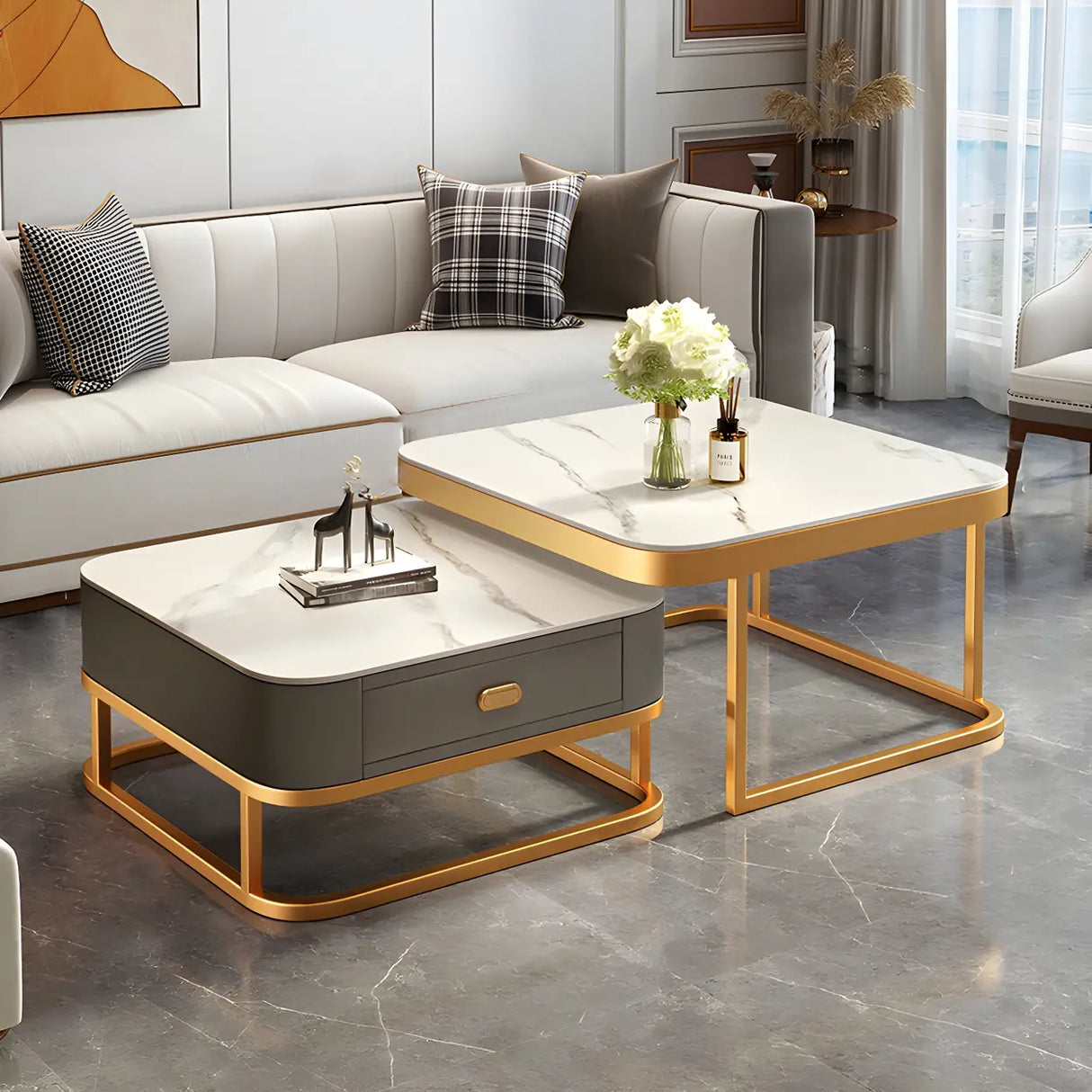 Glass Stone Square Iron Frame Nesting Coffee Tables Image - 11