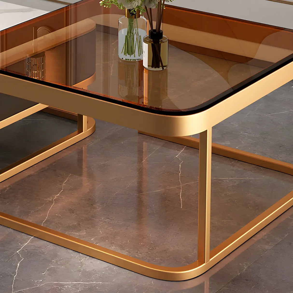 Glass Stone Square Iron Frame Nesting Coffee Tables Image - 12