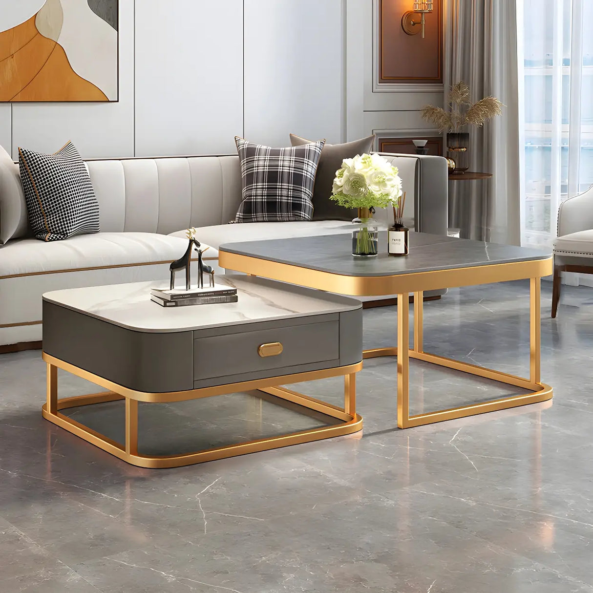 Glass Stone Square Iron Frame Nesting Coffee Tables Image - 14