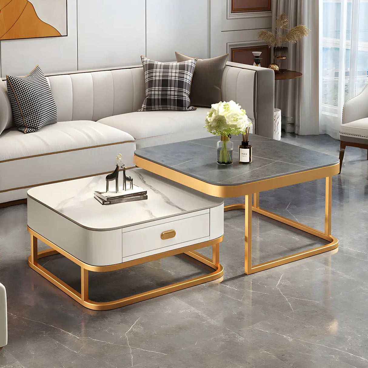 Glass Stone Square Iron Frame Nesting Coffee Tables Image - 17