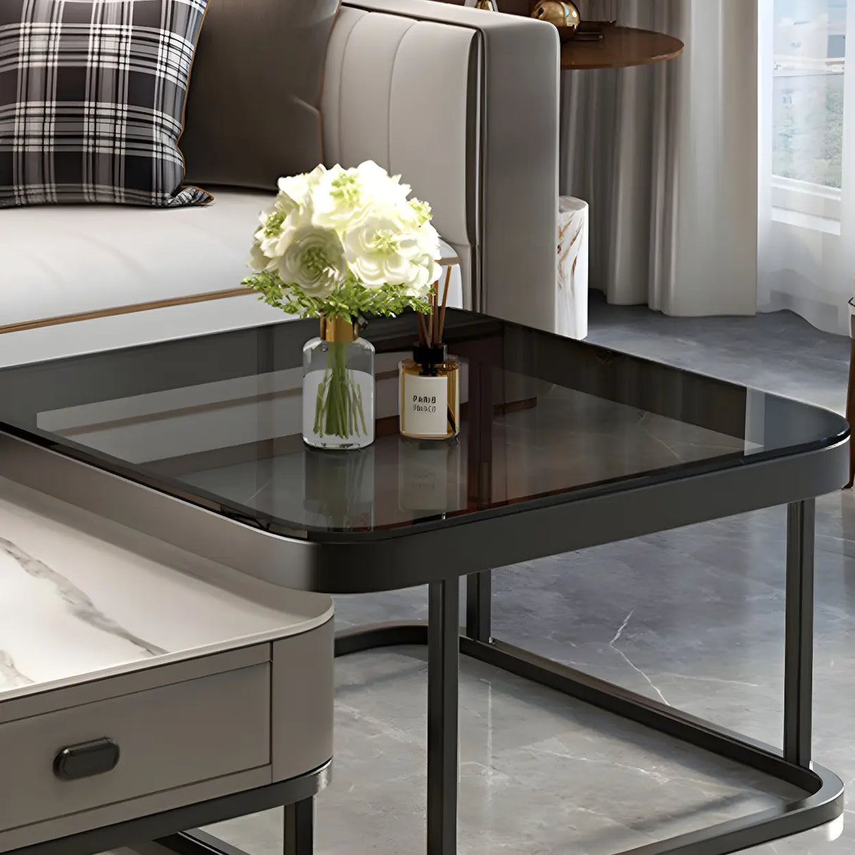 Glass Stone Square Iron Frame Nesting Coffee Tables Image - 18