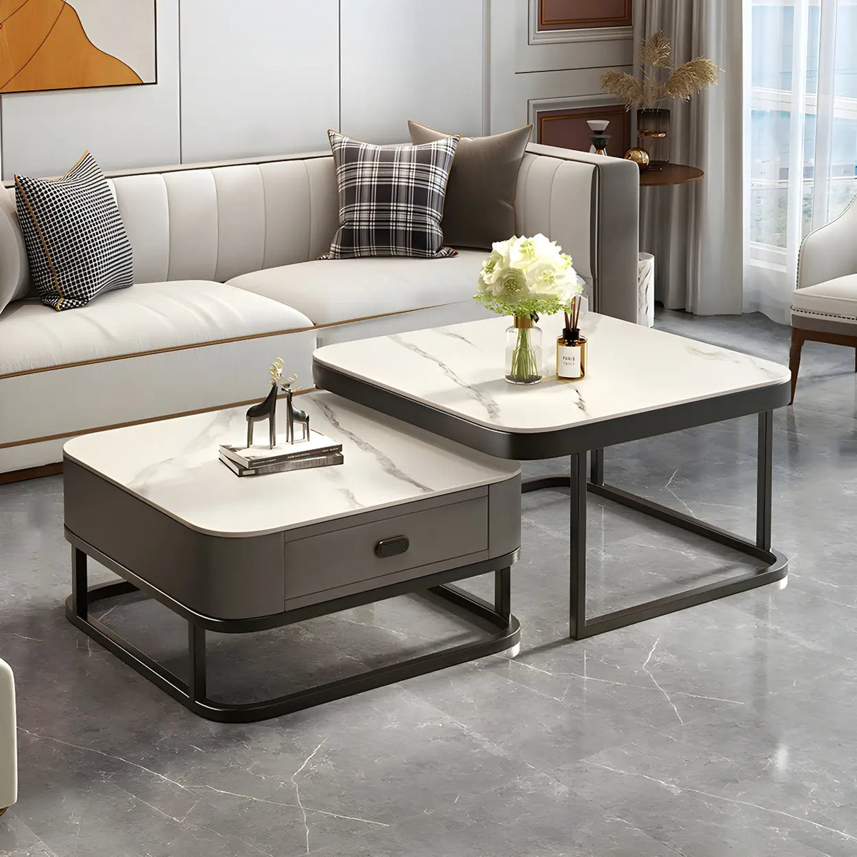 Glass Stone Square Iron Frame Nesting Coffee Tables Image - 19