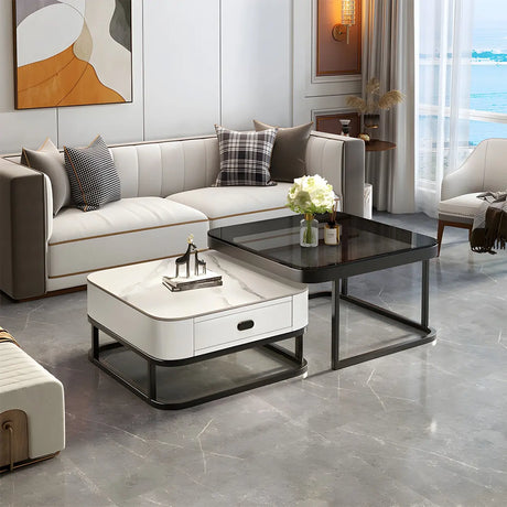 Glass Stone Square Iron Frame Nesting Coffee Tables Image - 1