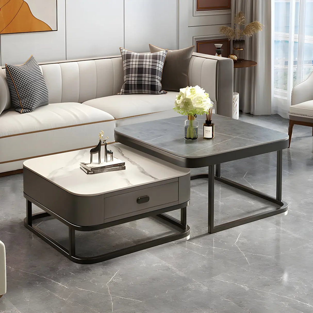 Glass Stone Square Iron Frame Nesting Coffee Tables Image - 20