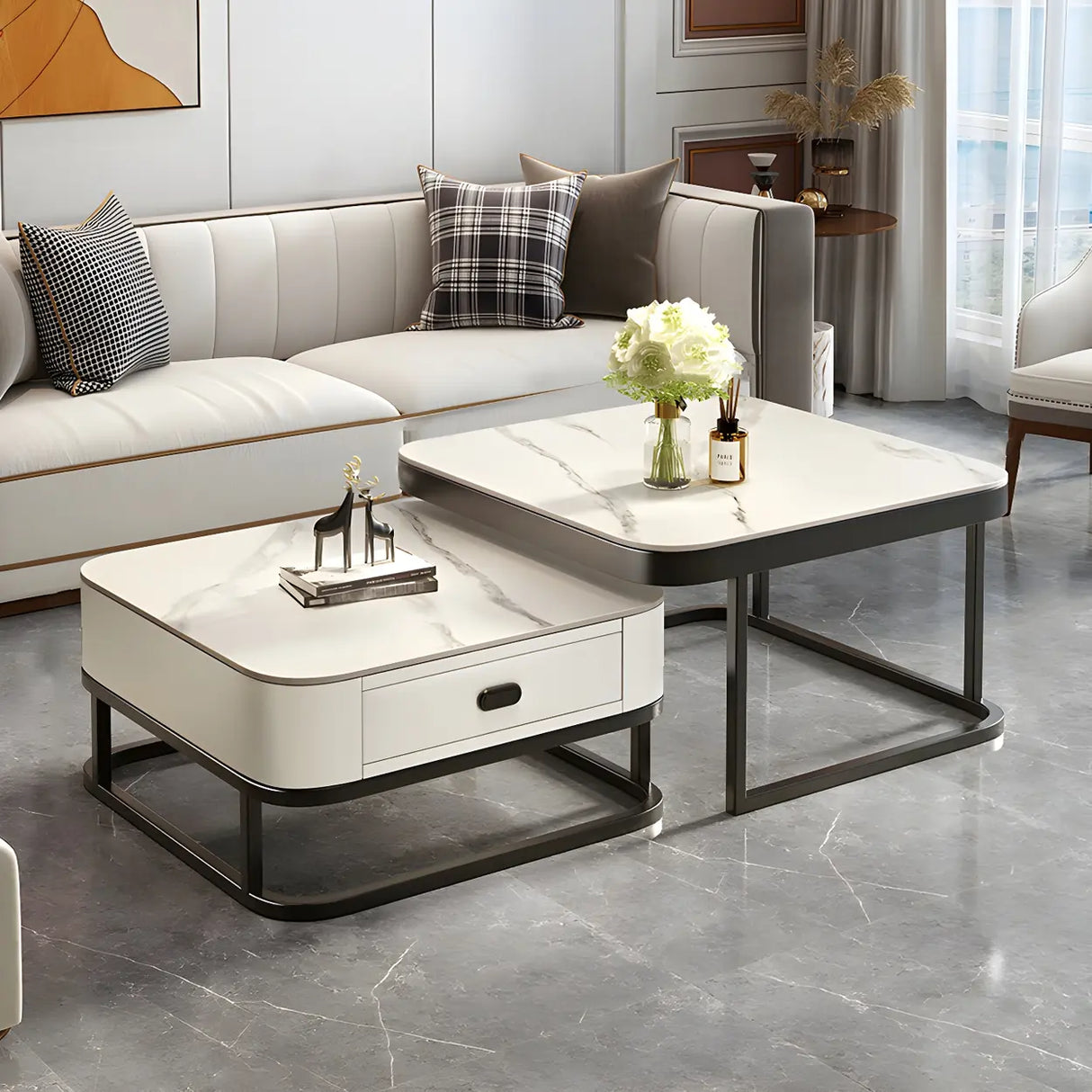 Glass Stone Square Iron Frame Nesting Coffee Tables Image - 21