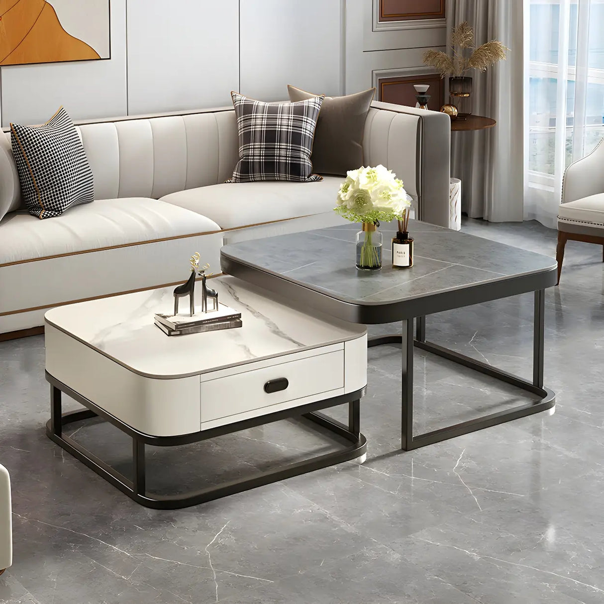 Glass Stone Square Iron Frame Nesting Coffee Tables Image - 22