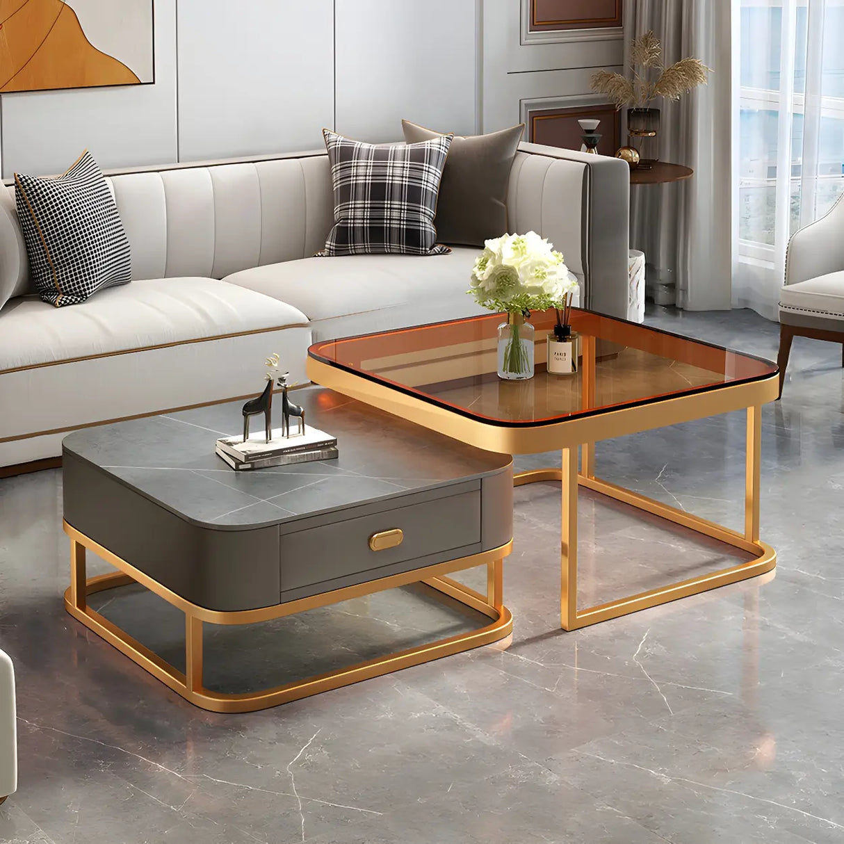 Glass Stone Square Iron Frame Nesting Coffee Tables Image - 23
