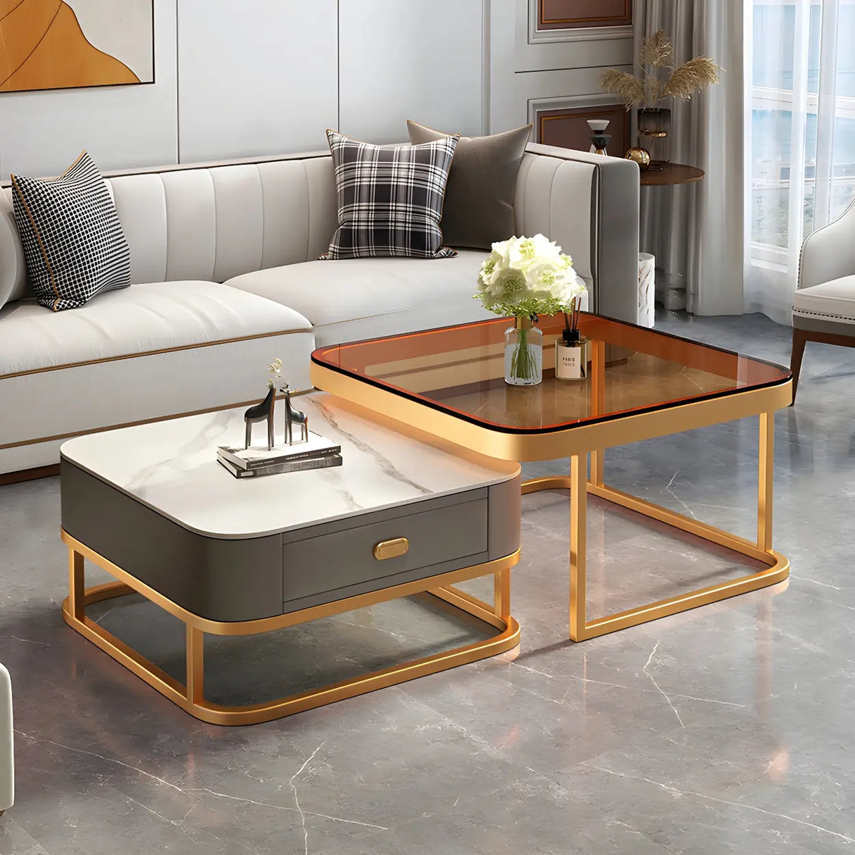 Glass Stone Square Iron Frame Nesting Coffee Tables Image - 24