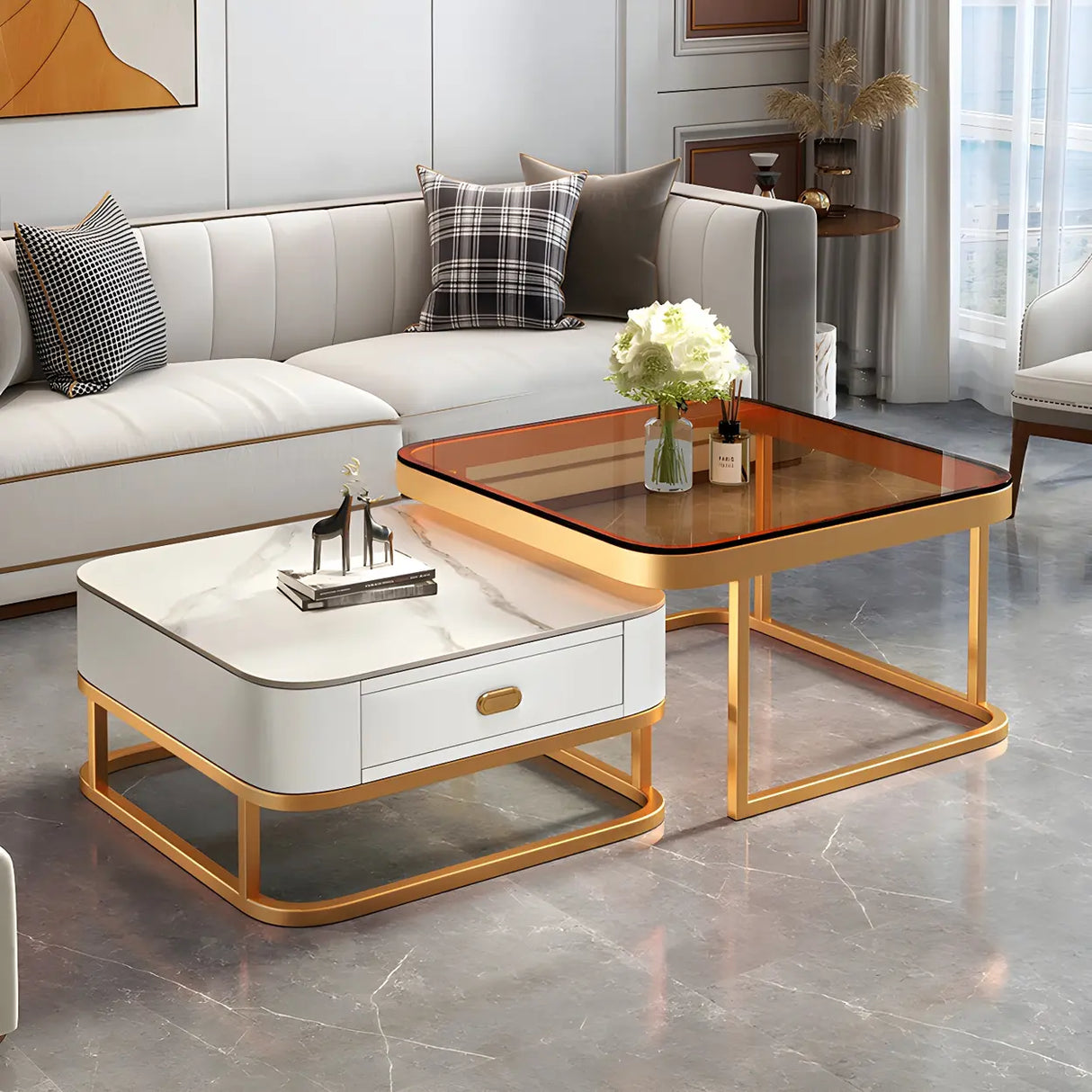 Glass Stone Square Iron Frame Nesting Coffee Tables Image - 25
