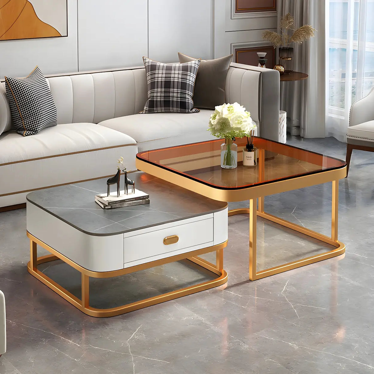 Glass Stone Square Iron Frame Nesting Coffee Tables Image - 26