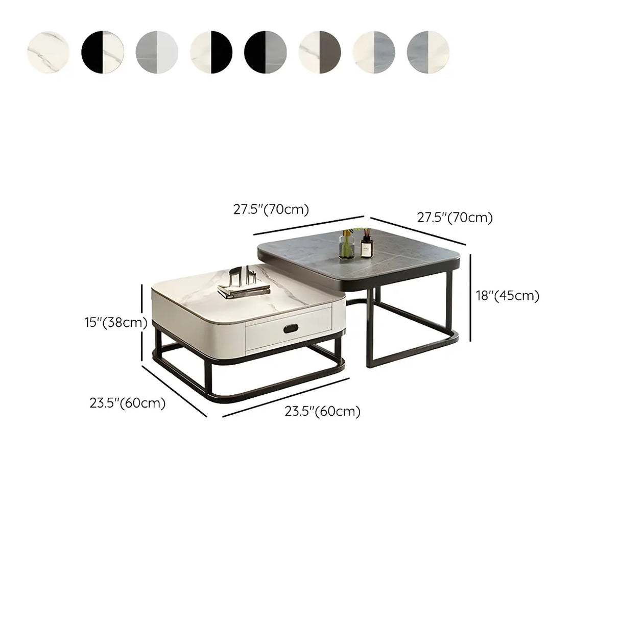 Glass Stone Square Iron Frame Nesting Coffee Tables 