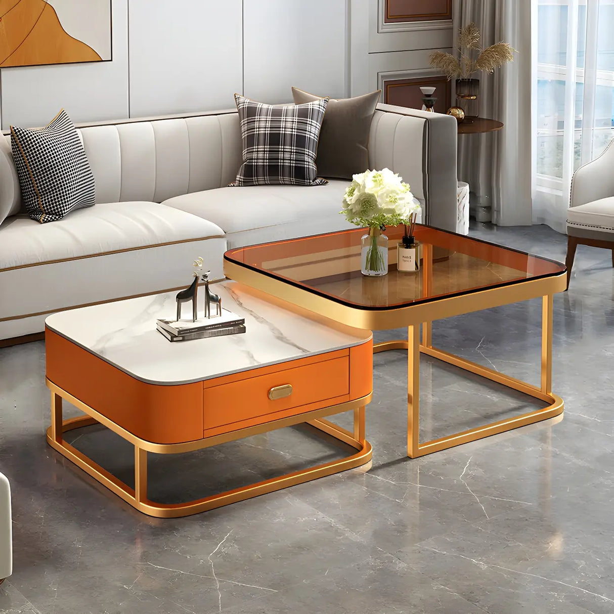 Glass Stone Square Iron Frame Nesting Coffee Tables Image - 2