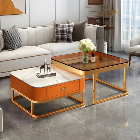 Glass Stone Square Iron Frame Nesting Coffee Tables Image - 2