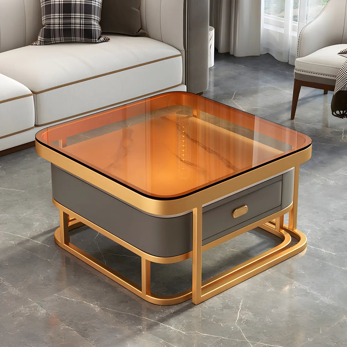 Glass Stone Square Iron Frame Nesting Coffee Tables Image - 3