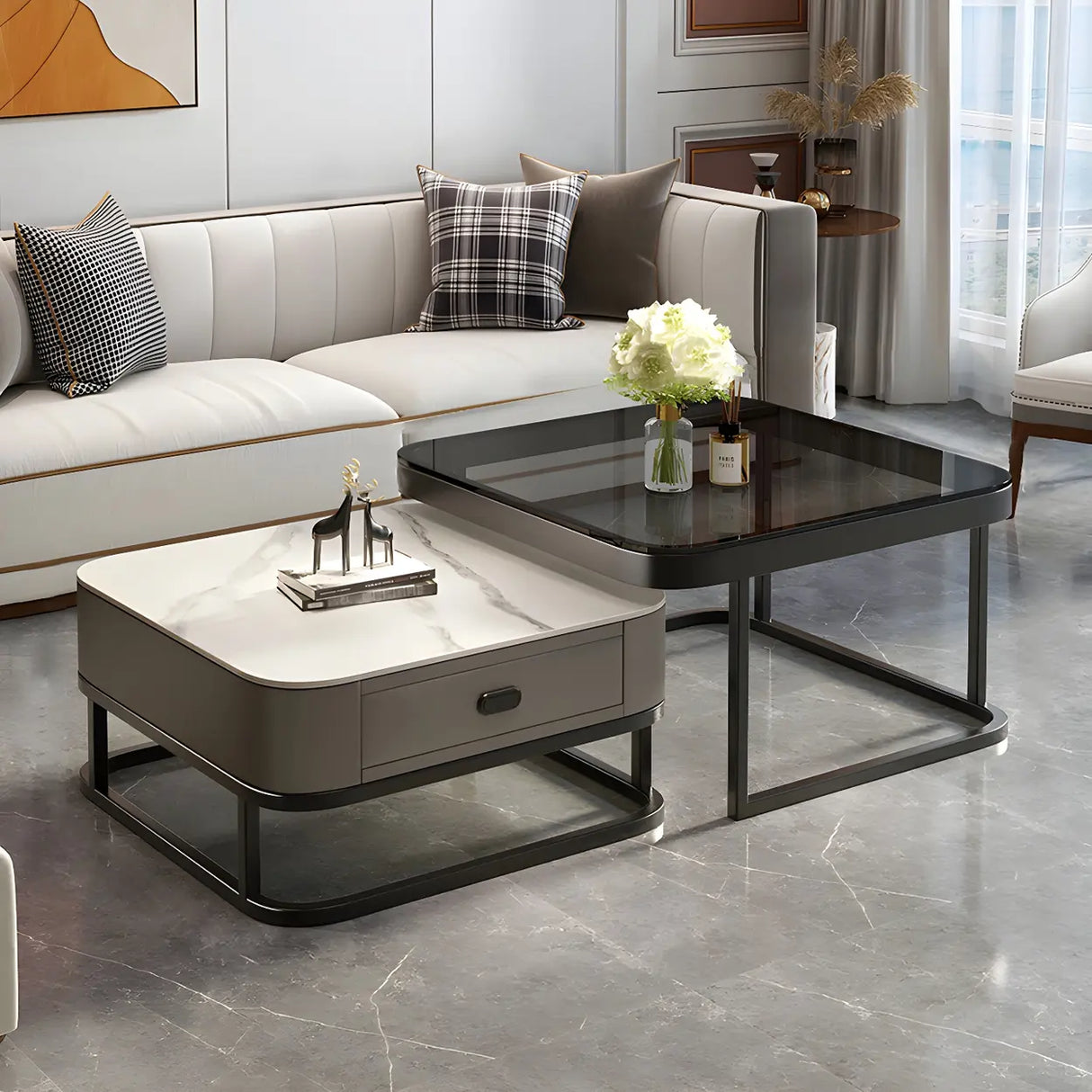 Glass Stone Square Iron Frame Nesting Coffee Tables Image - 4