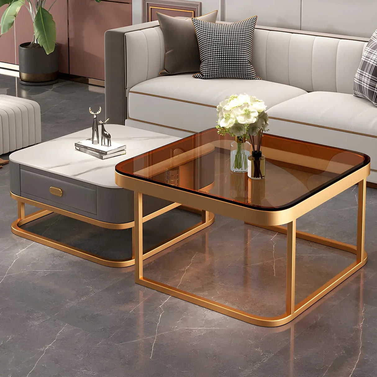 Glass Stone Square Iron Frame Nesting Coffee Tables Image - 5