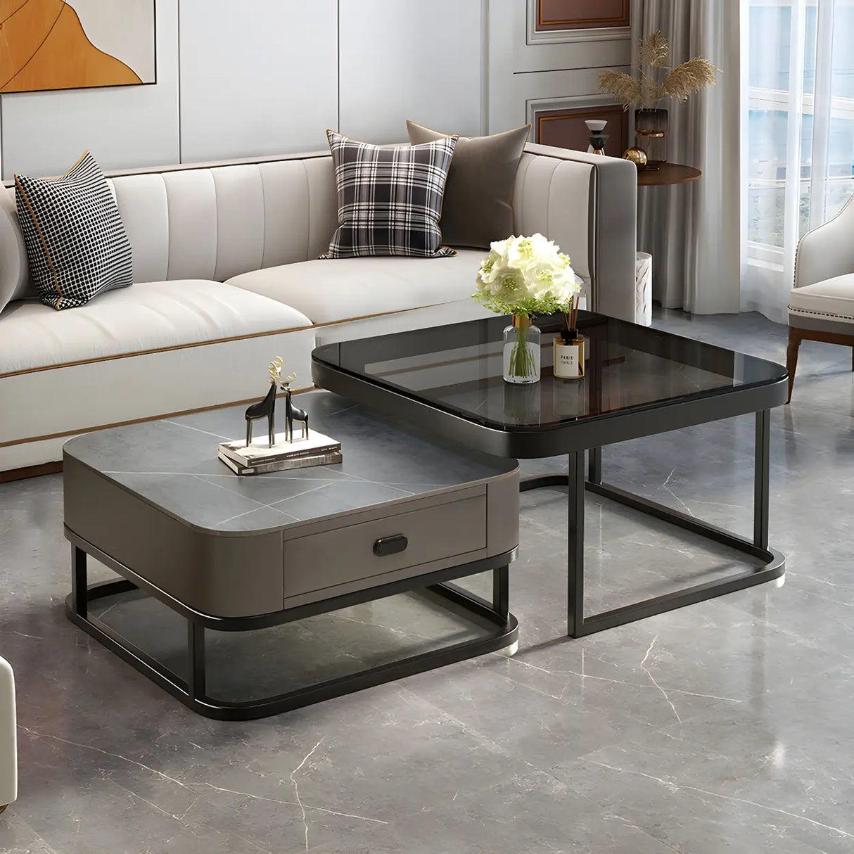 Glass Stone Square Iron Frame Nesting Coffee Tables Image - 6