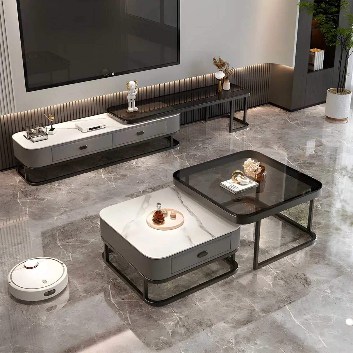 Glass Stone Square Iron Frame Nesting Coffee Tables Image - 7
