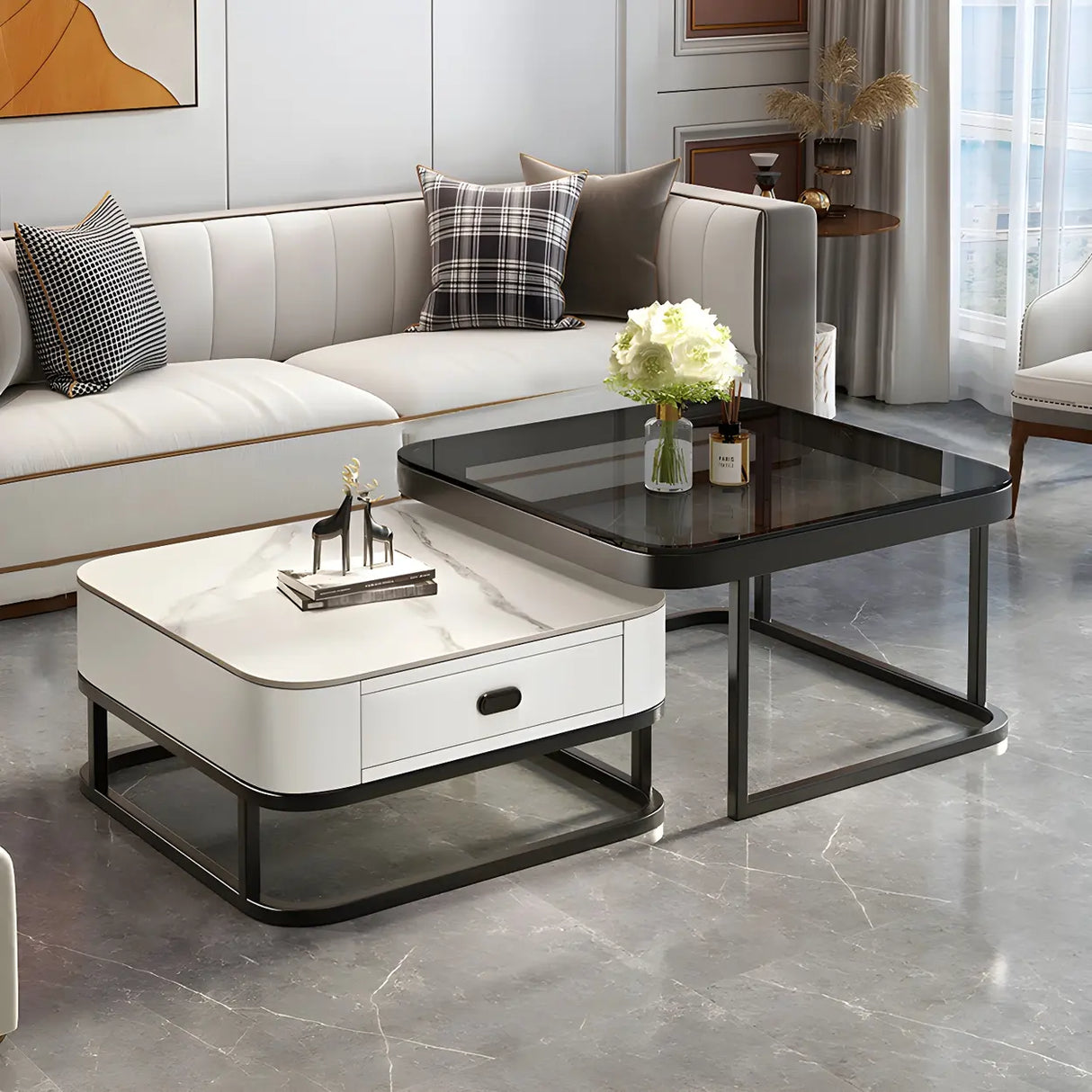 Glass Stone Square Iron Frame Nesting Coffee Tables Image - 8