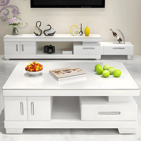 Glass Top Rectangular Wood Base Storage Coffee Table Image - 1