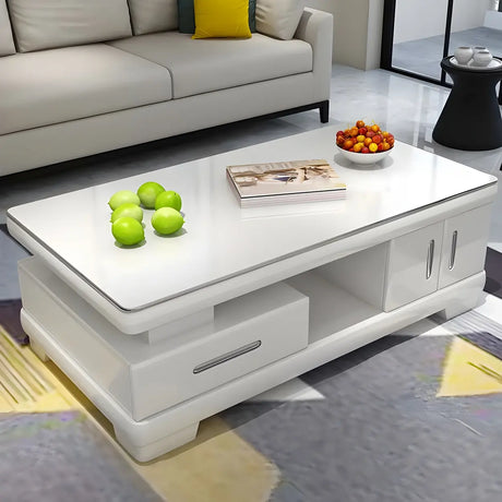 Glass Top Rectangular Wood Base Storage Coffee Table Image - 2