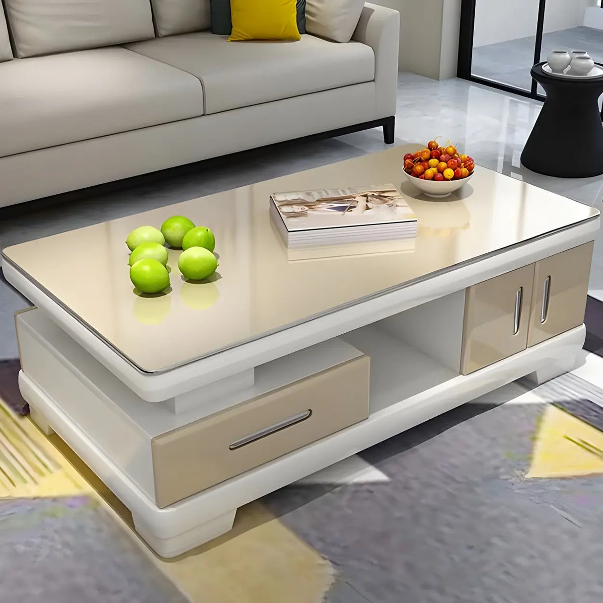 Glass Top Rectangular Wood Base Storage Coffee Table Image - 3