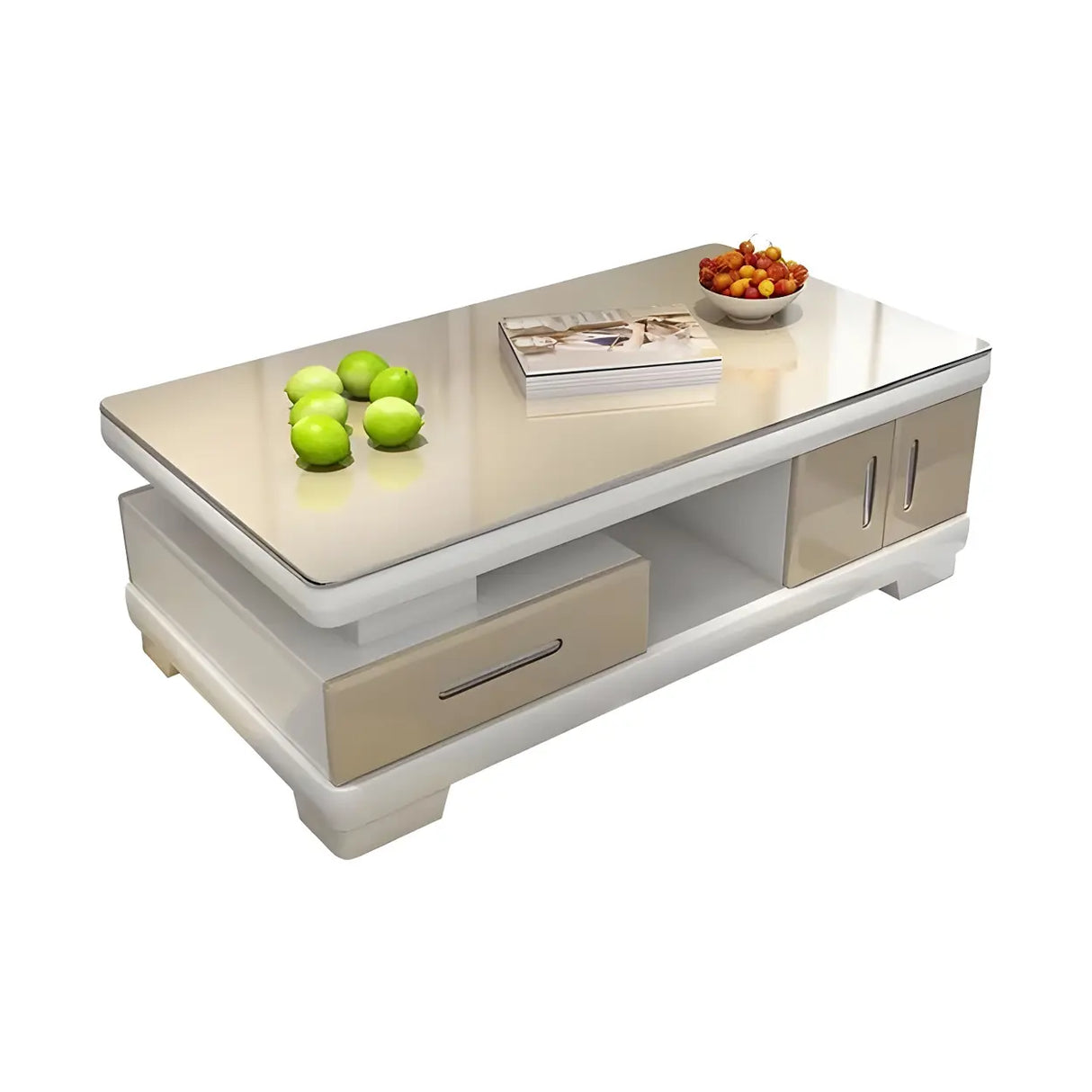Glass Top Rectangular Wood Base Storage Coffee Table Image - 5