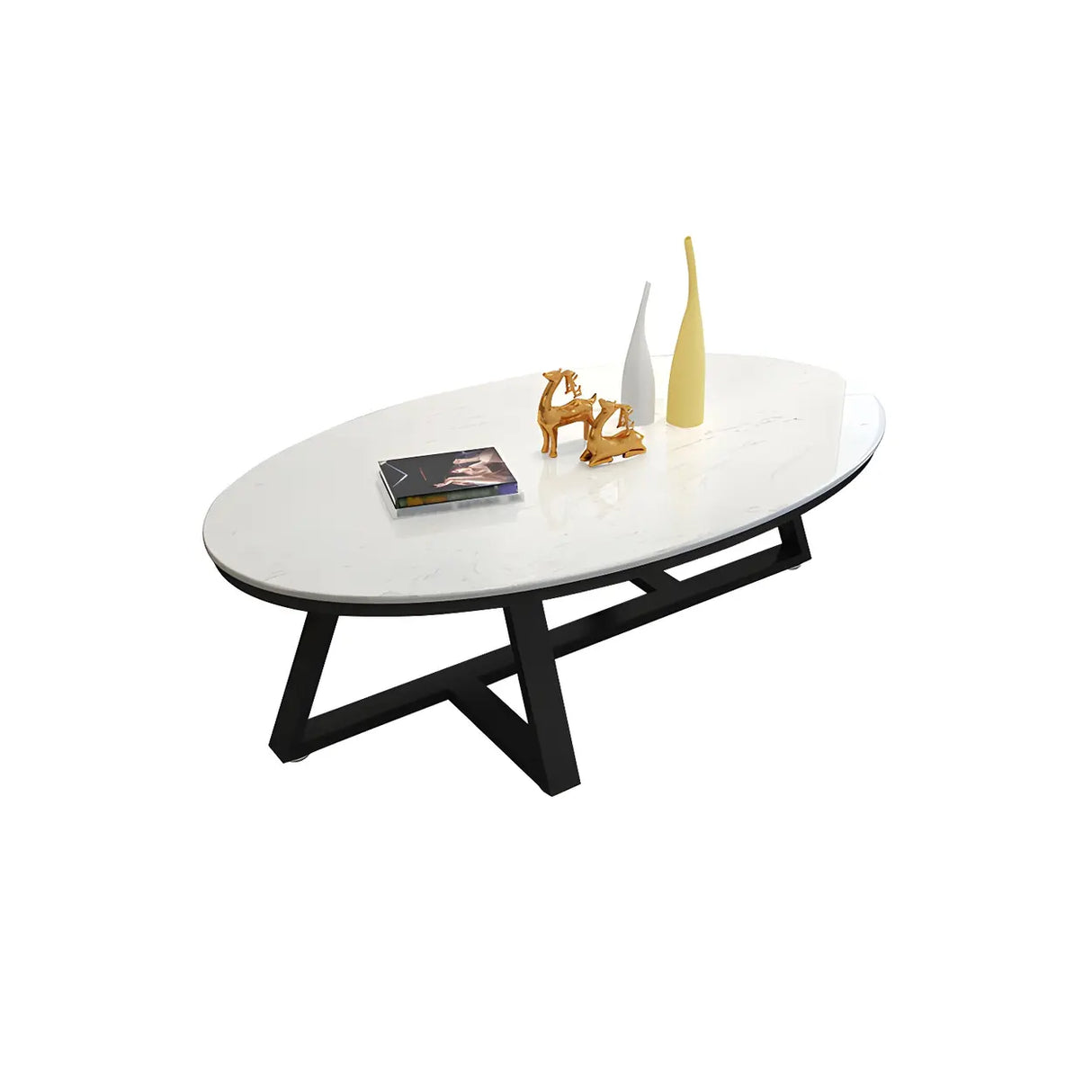 Gloss Finish Marble Oval Coffee Table with Cross Legs Image - 17