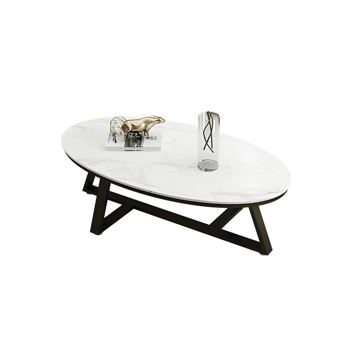 Gloss Finish Marble Oval Coffee Table with Cross Legs Image - 10