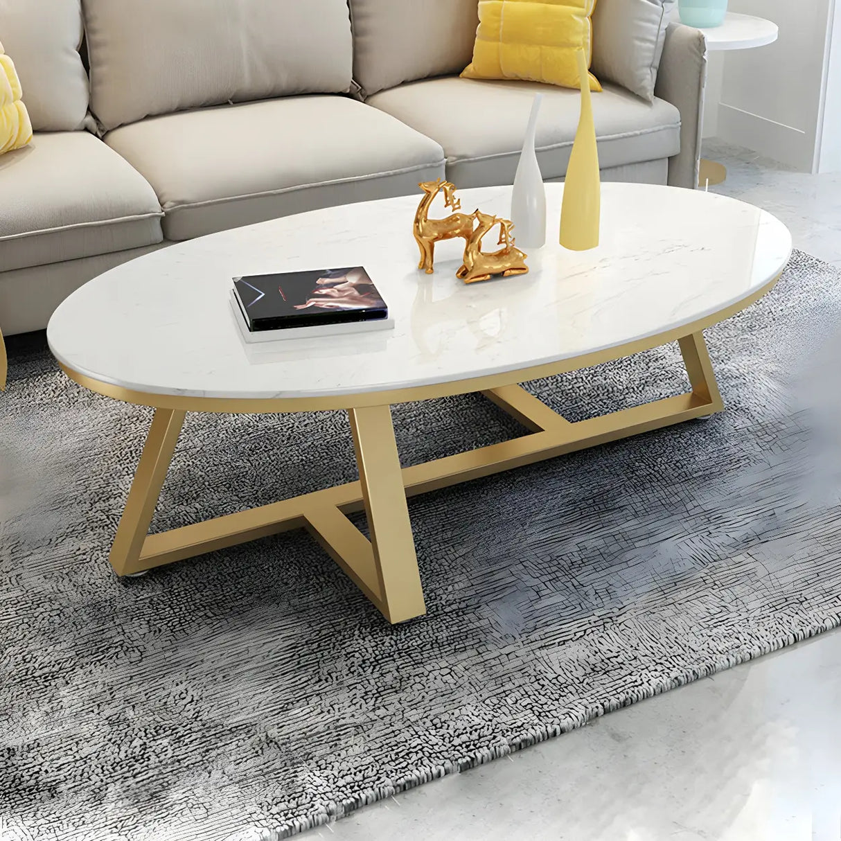 Gloss Finish Marble Oval Coffee Table with Cross Legs Image - 12