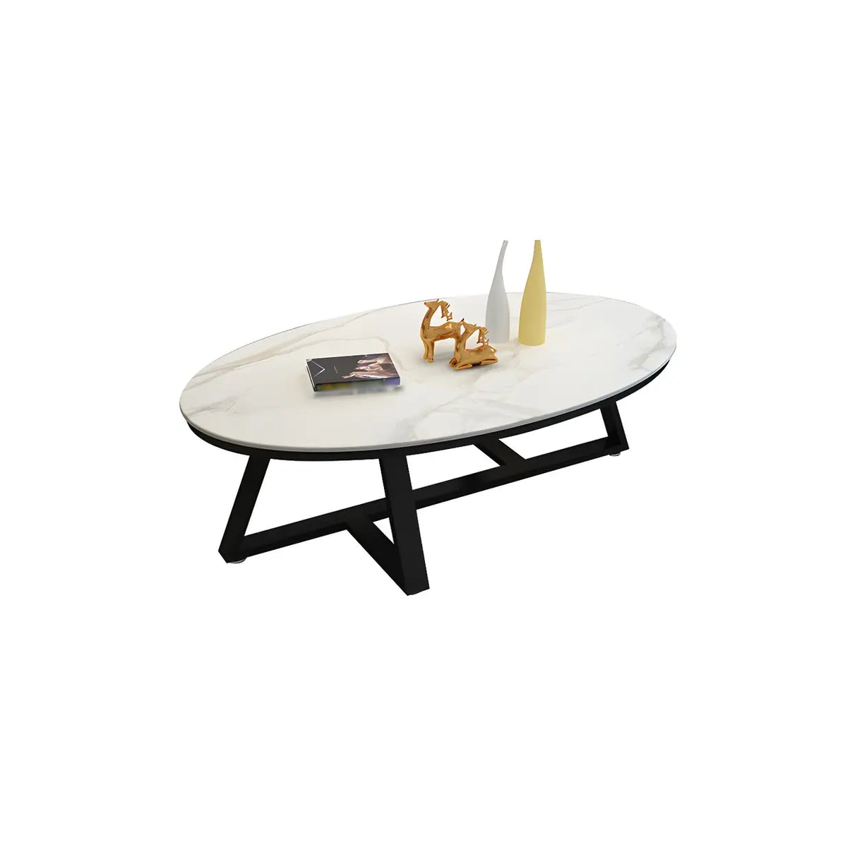 Gloss Finish Marble Oval Coffee Table with Cross Legs Image - 18