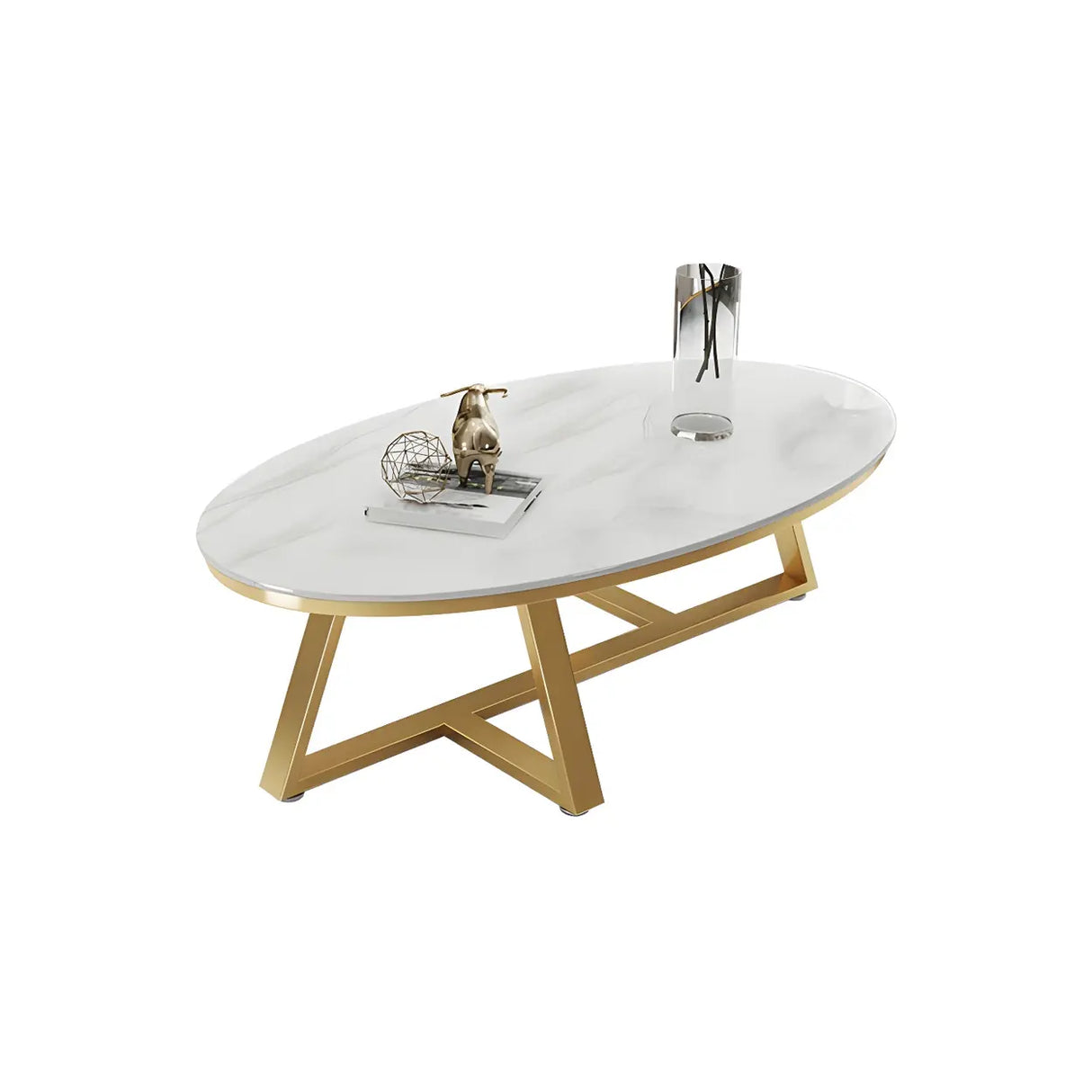 Gloss Finish Marble Oval Coffee Table with Cross Legs Image - 22