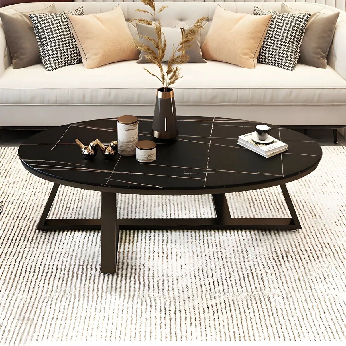 Gloss Finish Marble Oval Coffee Table with Cross Legs Image - 3