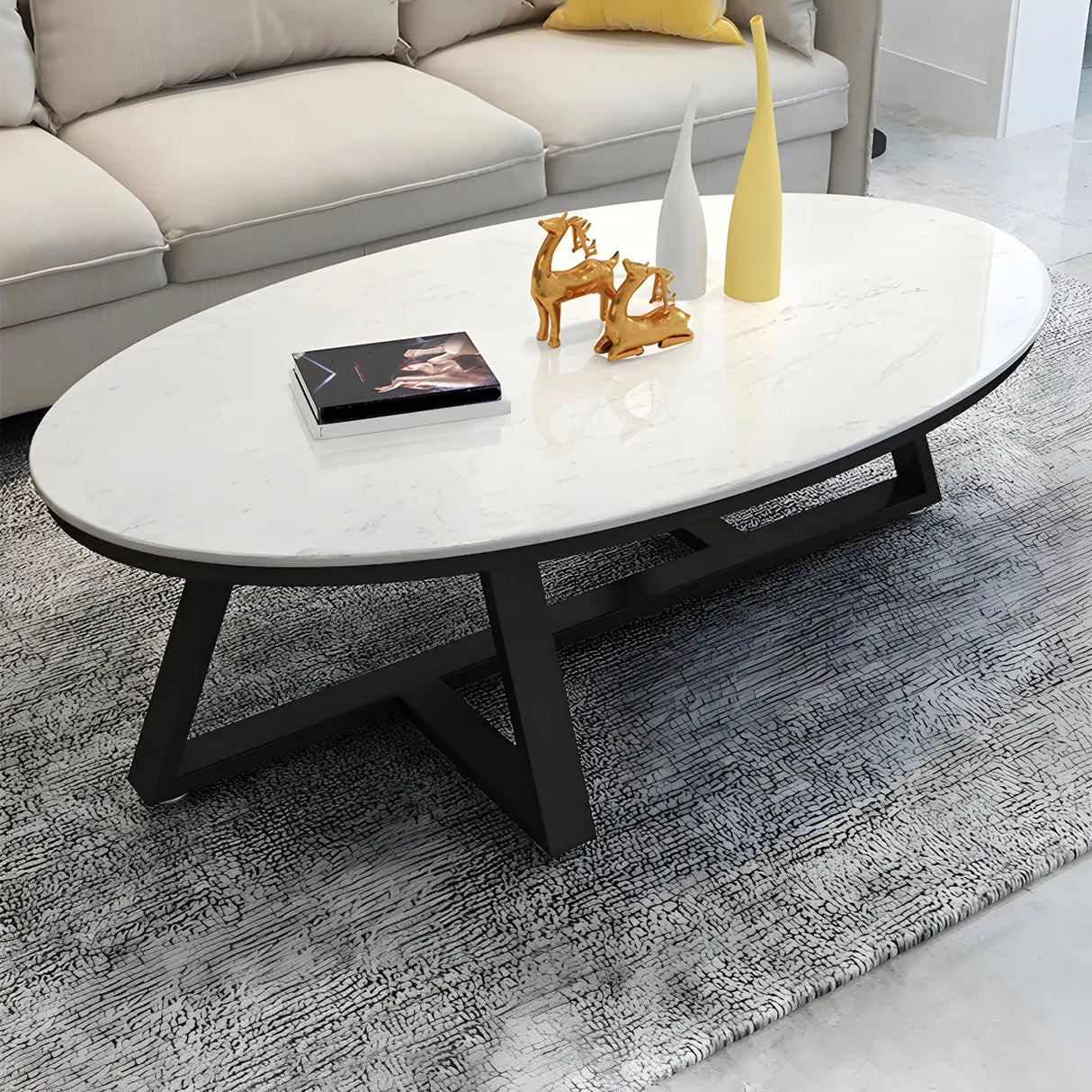 Gloss Finish Marble Oval Coffee Table with Cross Legs Image - 4