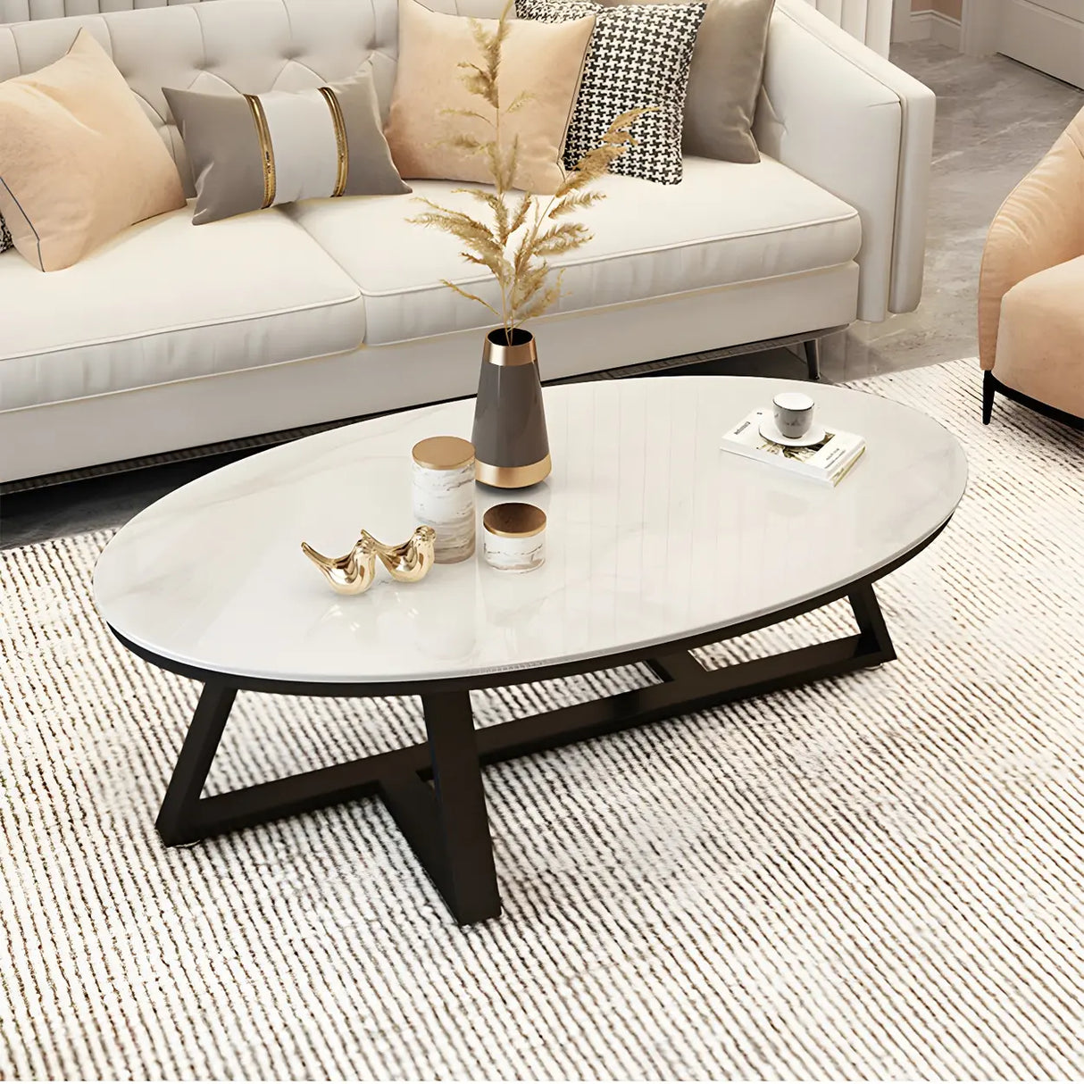 Gloss Finish Marble Oval Coffee Table with Cross Legs Image - 5