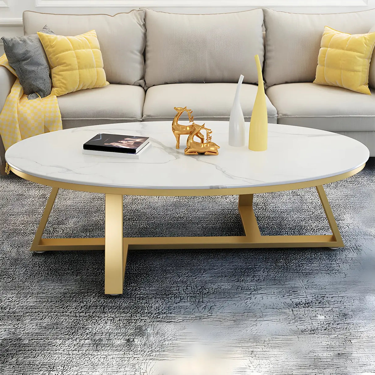 Gloss Finish Marble Oval Coffee Table with Cross Legs Image - 7