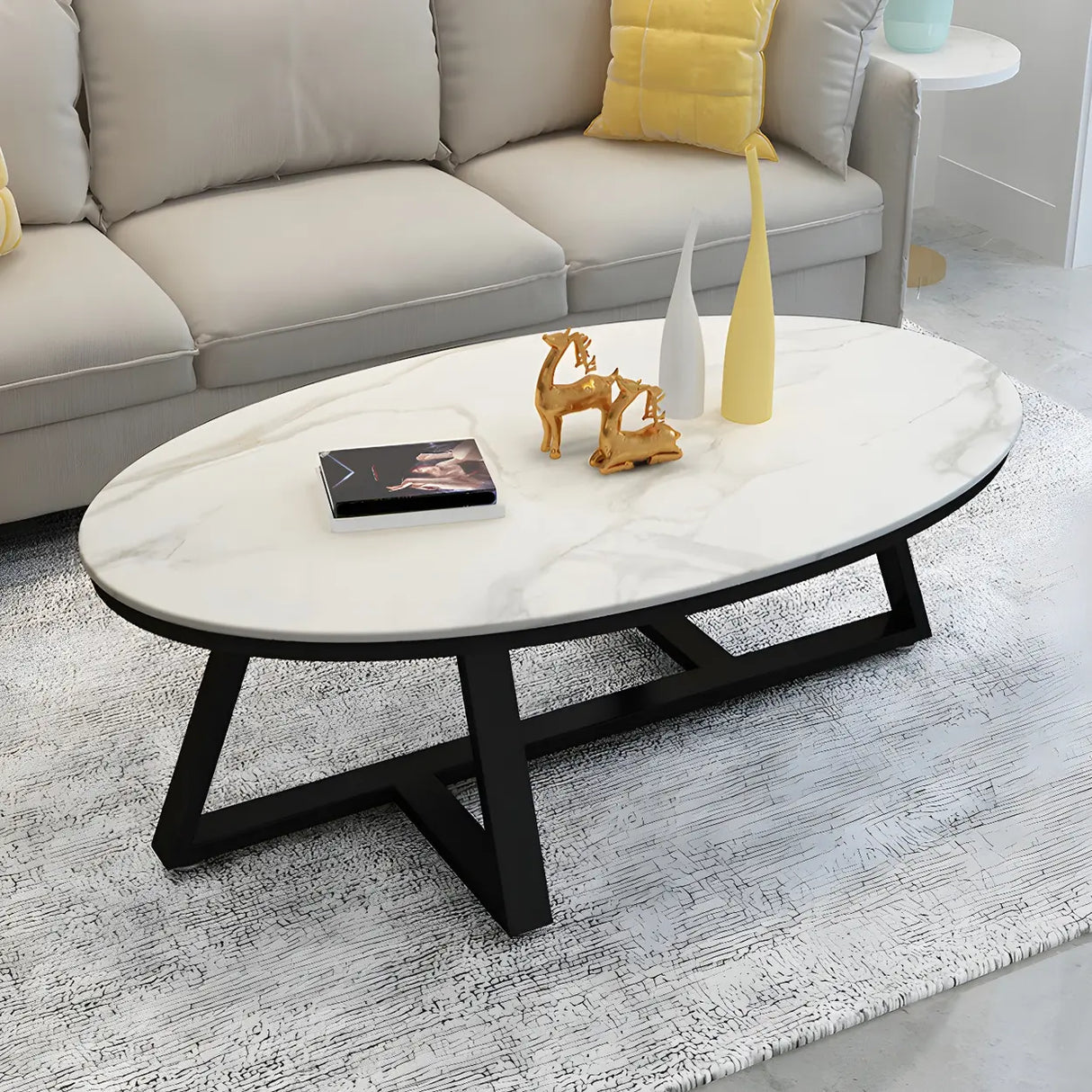 Gloss Finish Marble Oval Coffee Table with Cross Legs Image - 8