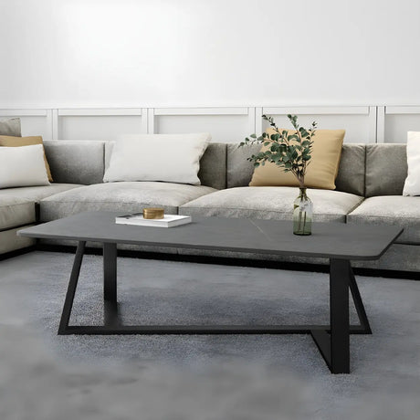 Gloss Finish Stone Rectangular Metal Frame Coffee Table Image - 1