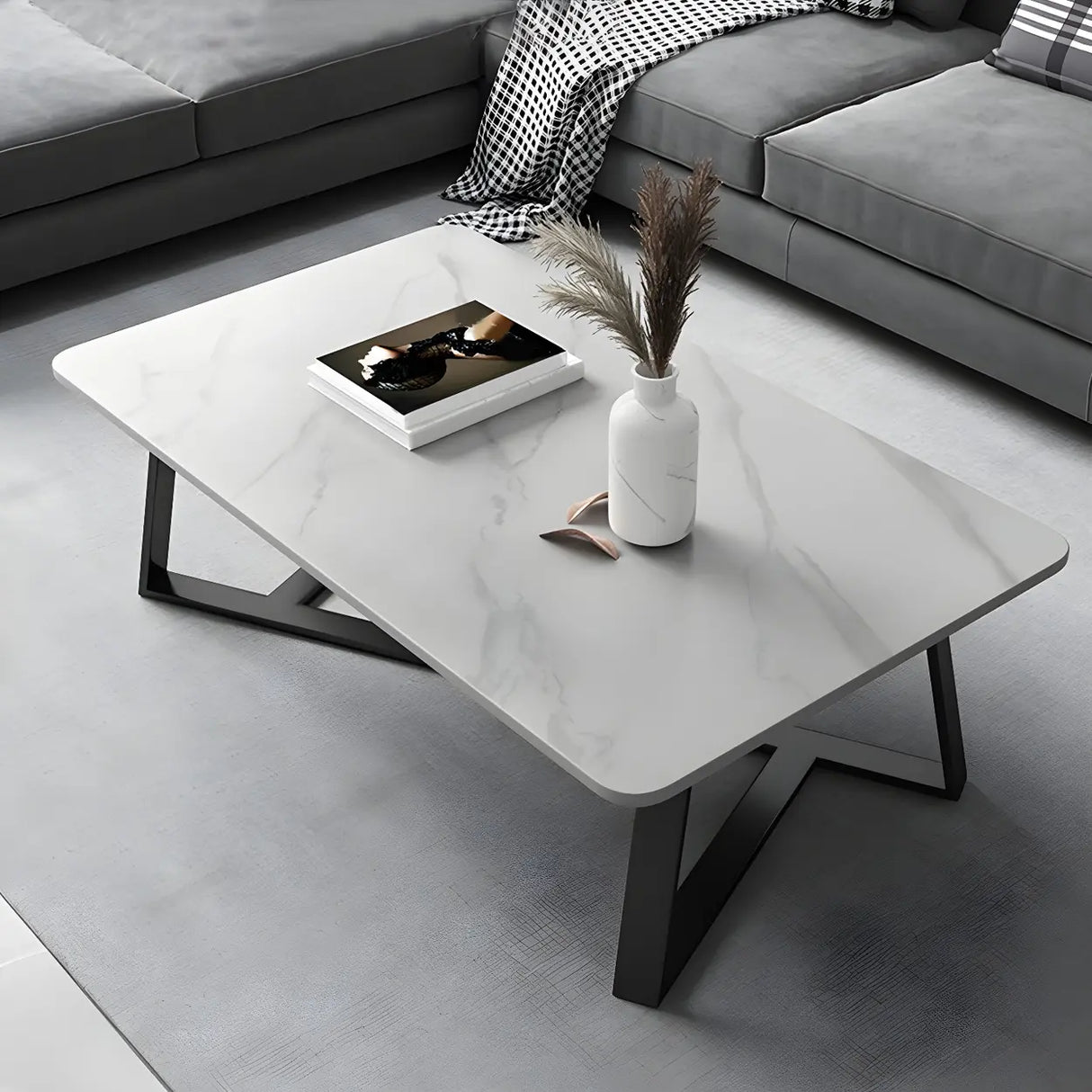 Gloss Finish Stone Rectangular Metal Frame Coffee Table Image - 2