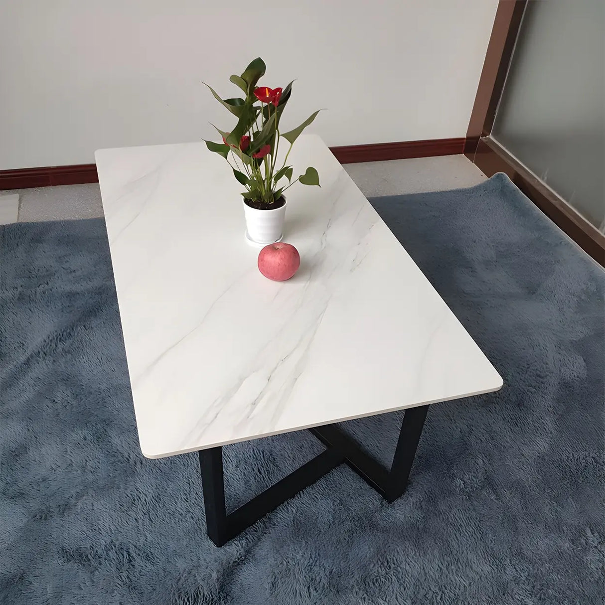 Gloss Finish Stone Rectangular Metal Frame Coffee Table Image - 3