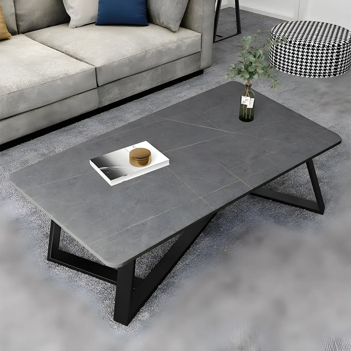 Gloss Finish Stone Rectangular Metal Frame Coffee Table Image - 5