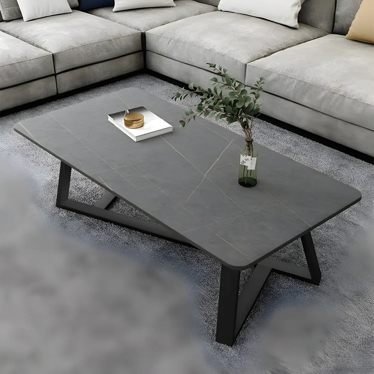 Gloss Finish Stone Rectangular Metal Frame Coffee Table Image - 6