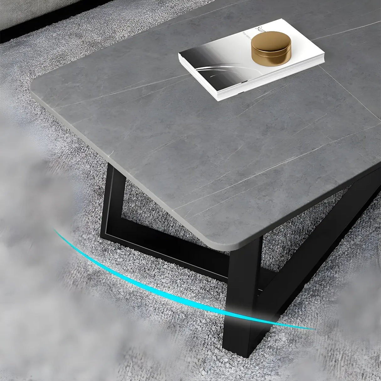Gloss Finish Stone Rectangular Metal Frame Coffee Table Image - 7