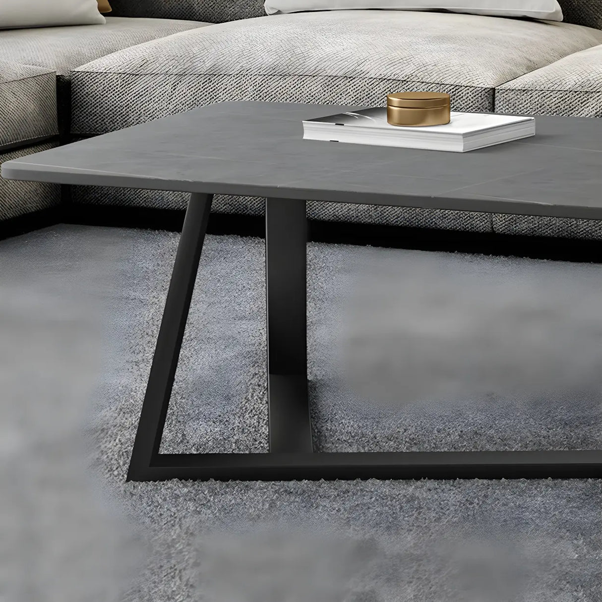 Gloss Finish Stone Rectangular Metal Frame Coffee Table Image - 8