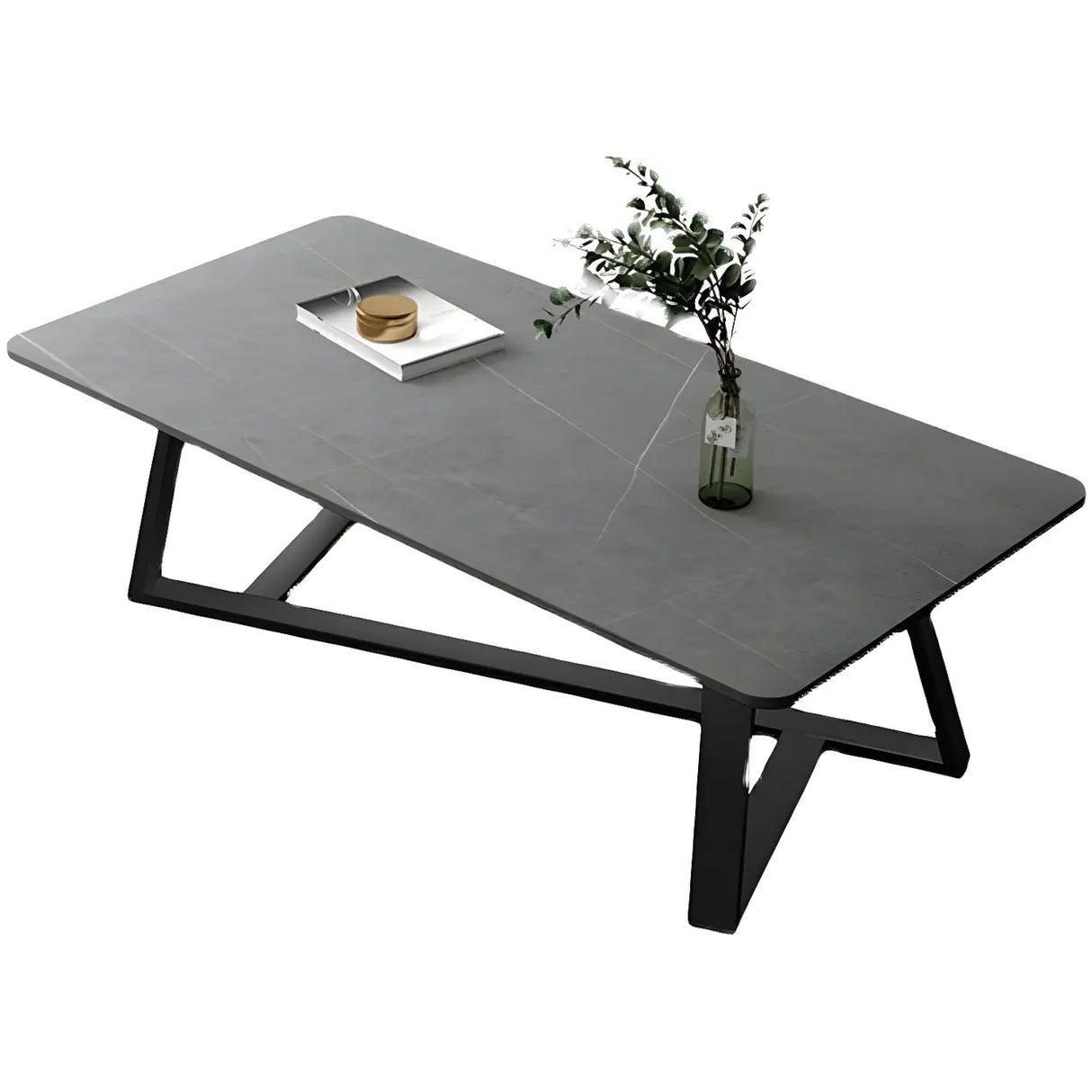 Gloss Finish Stone Rectangular Metal Frame Coffee Table Image - 9