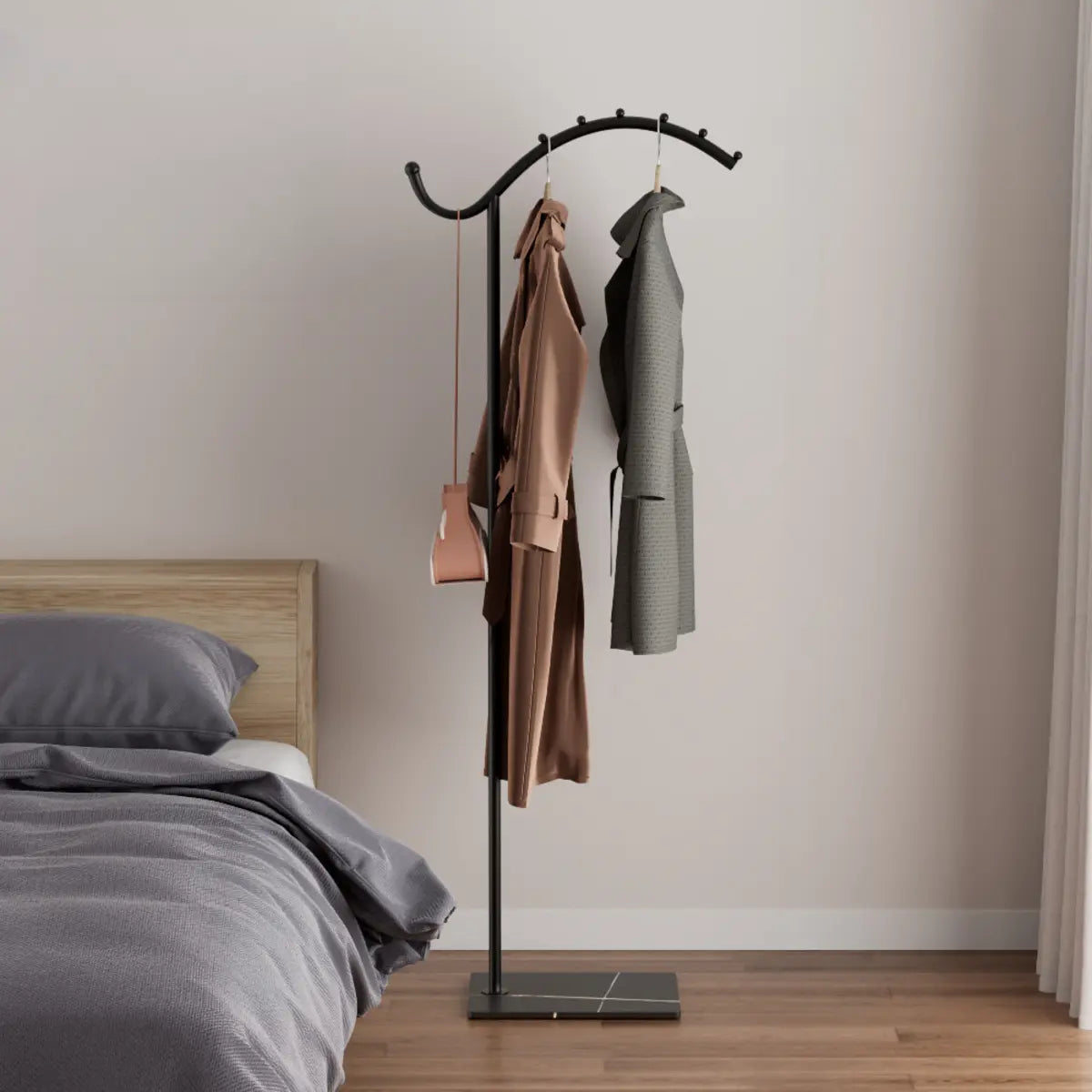 Gold and White Curved Metal Frame Hooks Entry Coat Rack Image - 3