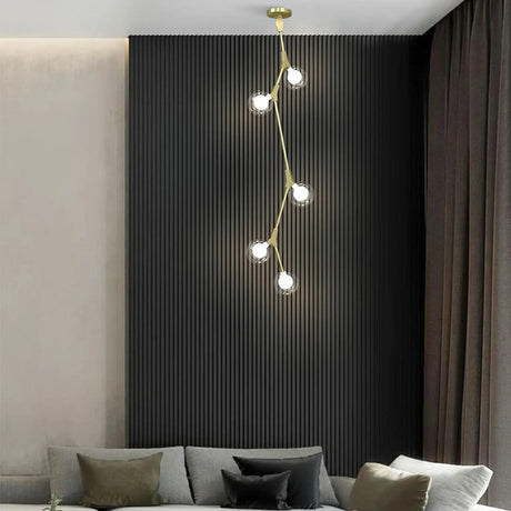 Gold Branch Globe Glass Downrod Long Foyer Chandelier Image - 2