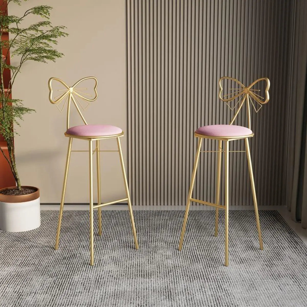 Gold Butterfly Round Velvet Upholstered Tall Bar Stool Image - 3