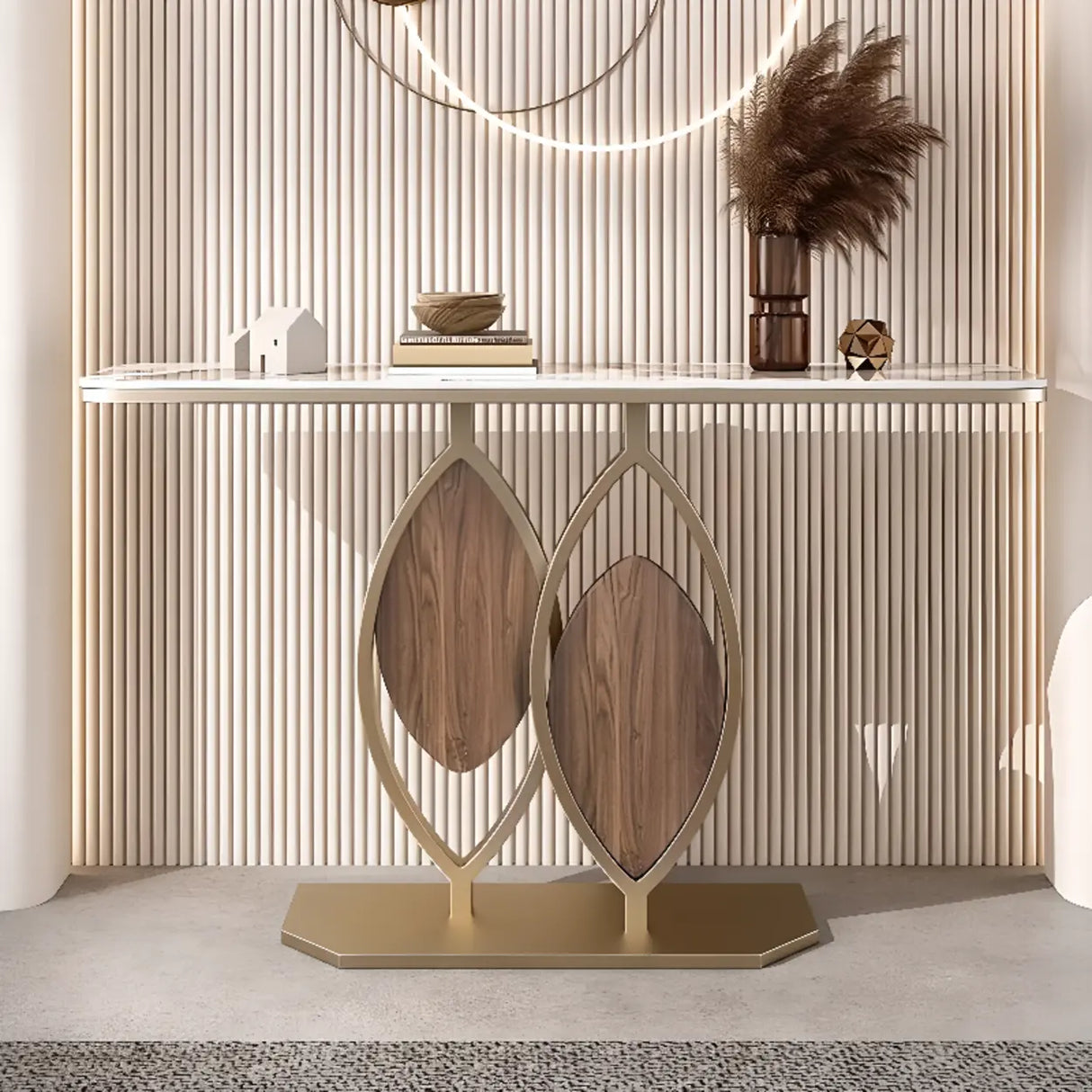Gold Decorative Half Moon Stone Metal Console Table Image - 1