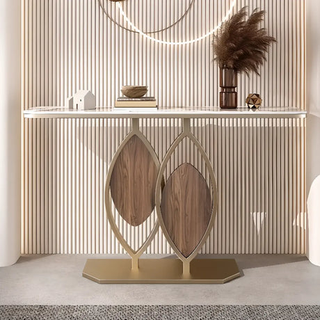 Gold Decorative Half Moon Stone Metal Console Table Image - 1